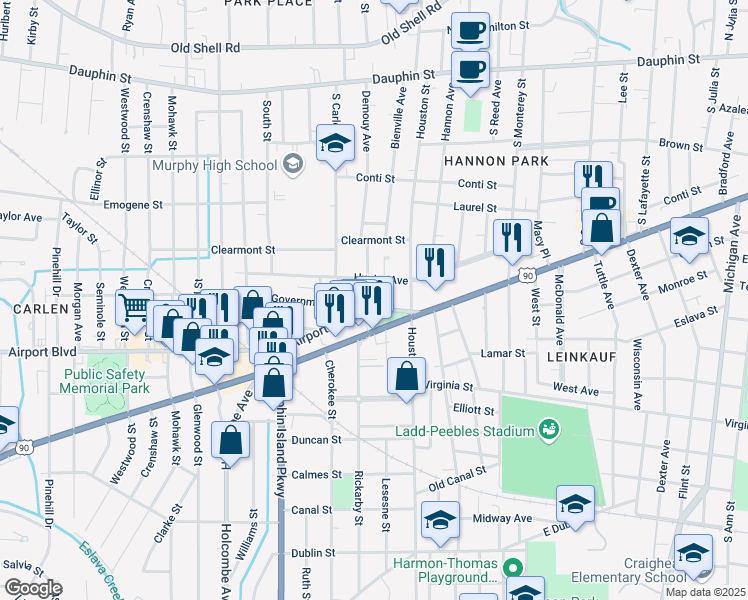 map of restaurants, bars, coffee shops, grocery stores, and more near 1820 Old Government Street in Mobile