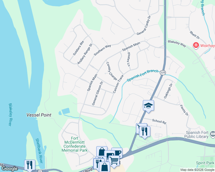 map of restaurants, bars, coffee shops, grocery stores, and more near 123 Brigade Road in Spanish Fort