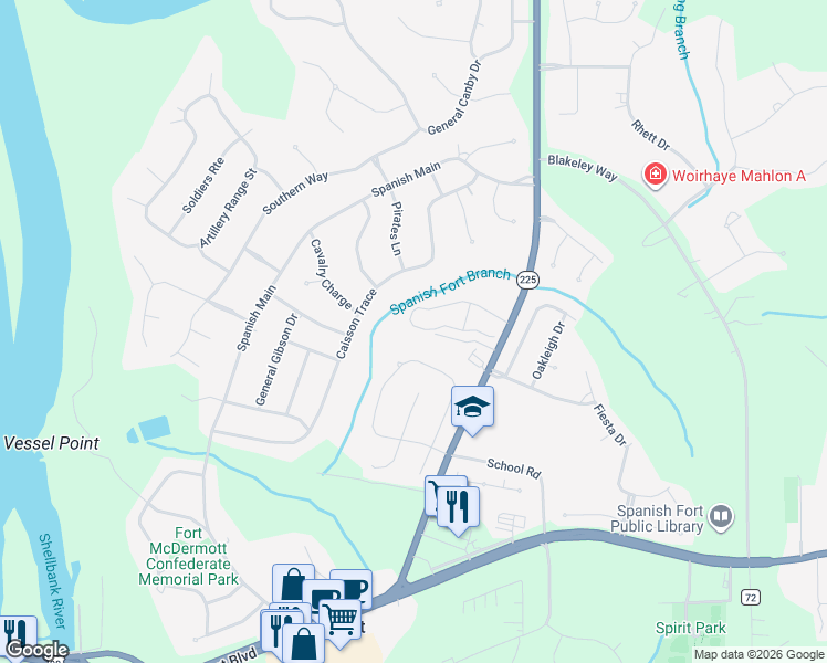 map of restaurants, bars, coffee shops, grocery stores, and more near 6510 Garrison Drive in Spanish Fort