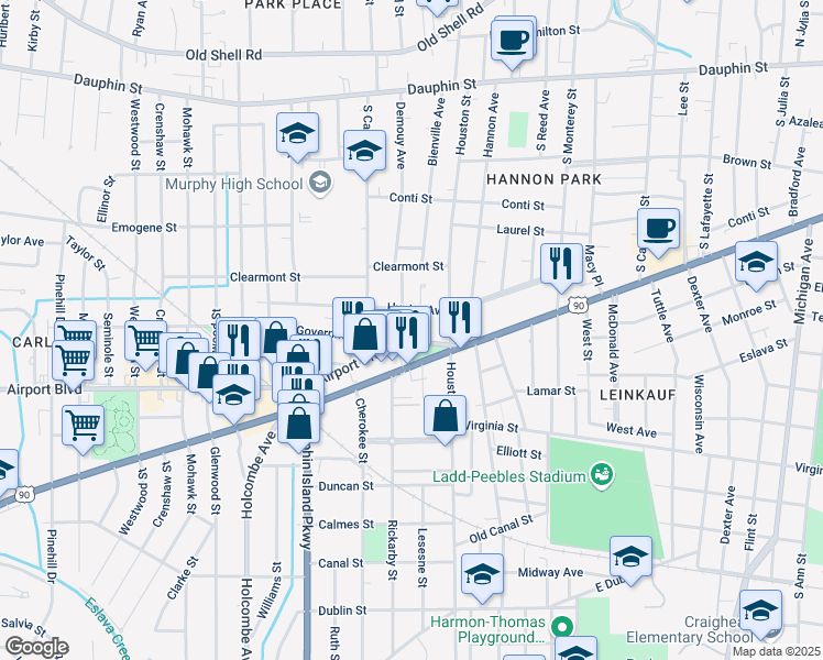 map of restaurants, bars, coffee shops, grocery stores, and more near 1820 Old Government Street in Mobile