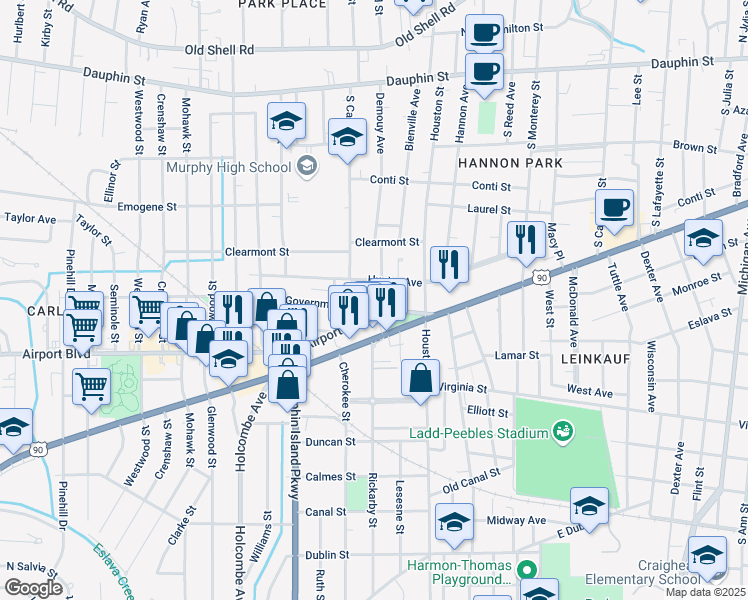 map of restaurants, bars, coffee shops, grocery stores, and more near 1820 Old Government Street in Mobile