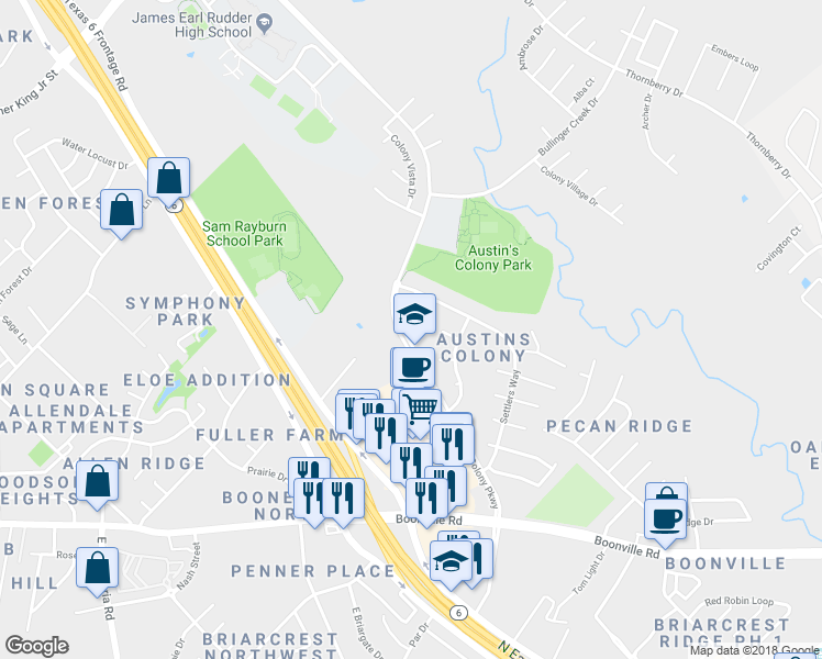 map of restaurants, bars, coffee shops, grocery stores, and more near 3803 Williams Bend in Bryan