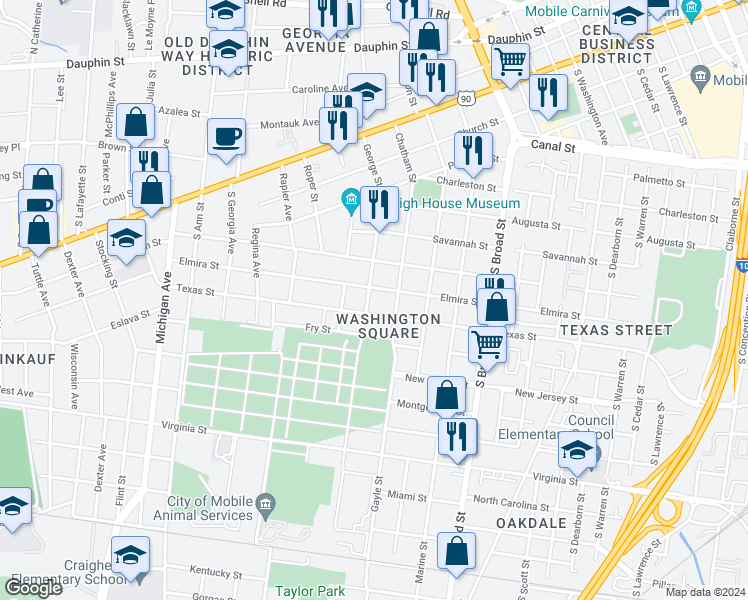 map of restaurants, bars, coffee shops, grocery stores, and more near 455 George Street in Mobile