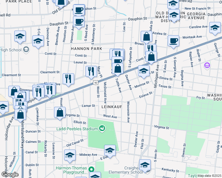 map of restaurants, bars, coffee shops, grocery stores, and more near 1559 Church Street in Mobile