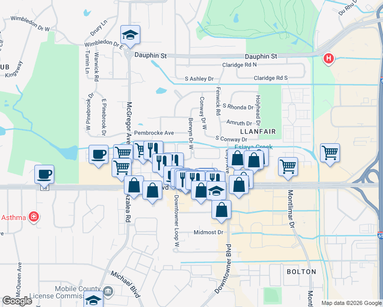 map of restaurants, bars, coffee shops, grocery stores, and more near 249 Berwyn Drive West in Mobile