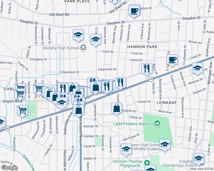map of restaurants, bars, coffee shops, grocery stores, and more near 1820 Airport Boulevard in Mobile