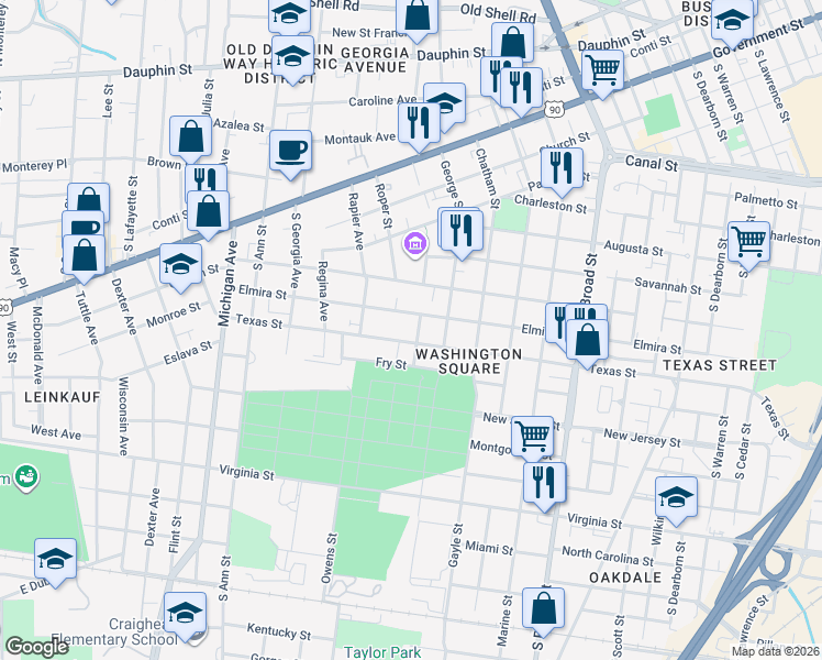 map of restaurants, bars, coffee shops, grocery stores, and more near 1151 Texas Street in Mobile