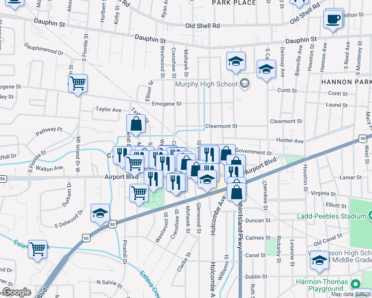 map of restaurants, bars, coffee shops, grocery stores, and more near 250 Mohawk Street in Mobile