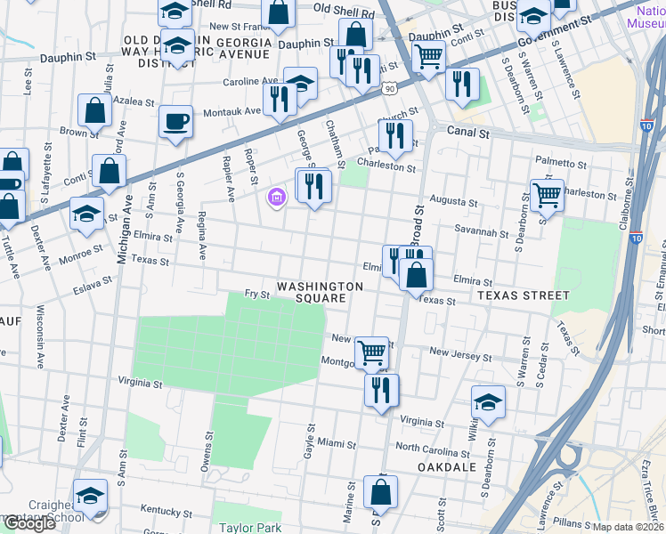 map of restaurants, bars, coffee shops, grocery stores, and more near 1006 Texas Street in Mobile