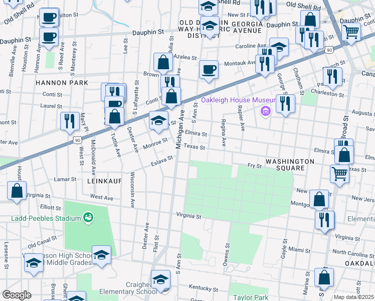 map of restaurants, bars, coffee shops, grocery stores, and more near 309 South Ann Street in Mobile