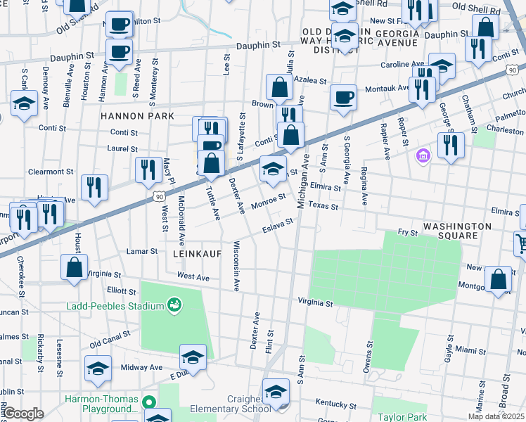map of restaurants, bars, coffee shops, grocery stores, and more near 1416 Eslava Street in Mobile