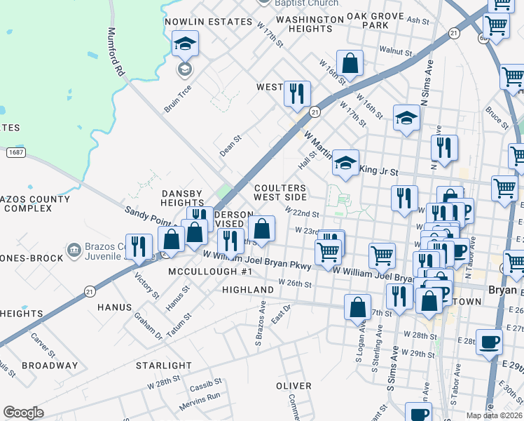 map of restaurants, bars, coffee shops, grocery stores, and more near 1200 Saunders Street in Bryan