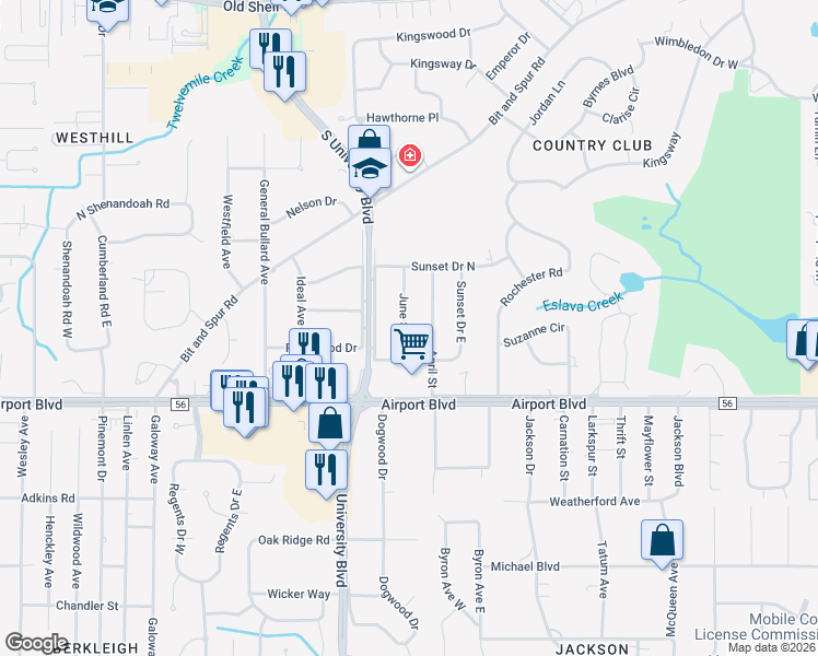 map of restaurants, bars, coffee shops, grocery stores, and more near 184 June Street in Mobile