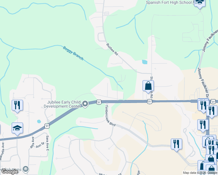 map of restaurants, bars, coffee shops, grocery stores, and more near 31101-31125 Wilson Road in Spanish Fort