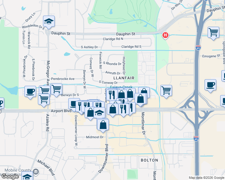 map of restaurants, bars, coffee shops, grocery stores, and more near 215 Lleyn Ave in Mobile