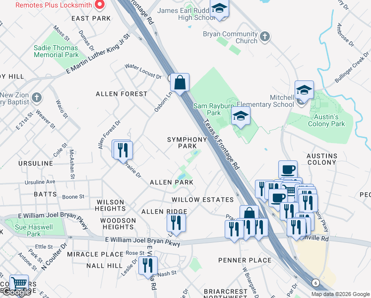 map of restaurants, bars, coffee shops, grocery stores, and more near 2530 Rhapsody Court in Bryan