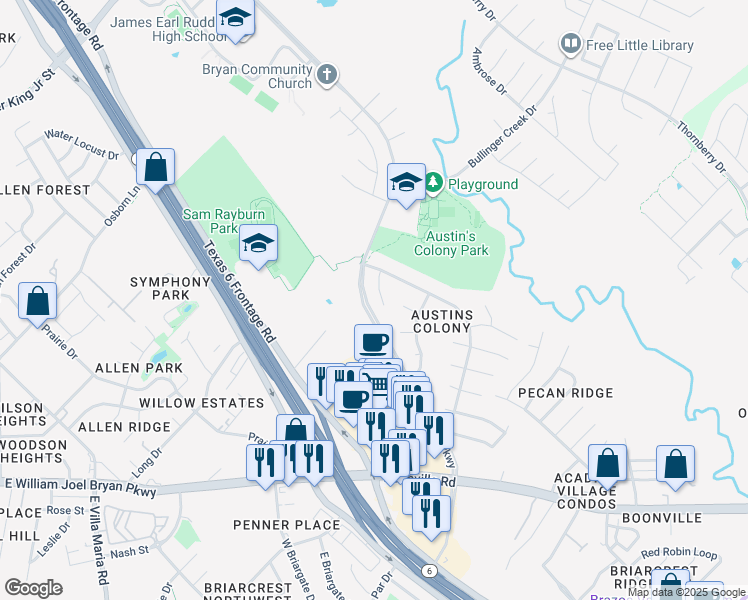 map of restaurants, bars, coffee shops, grocery stores, and more near 3803 Williams Bend in Bryan