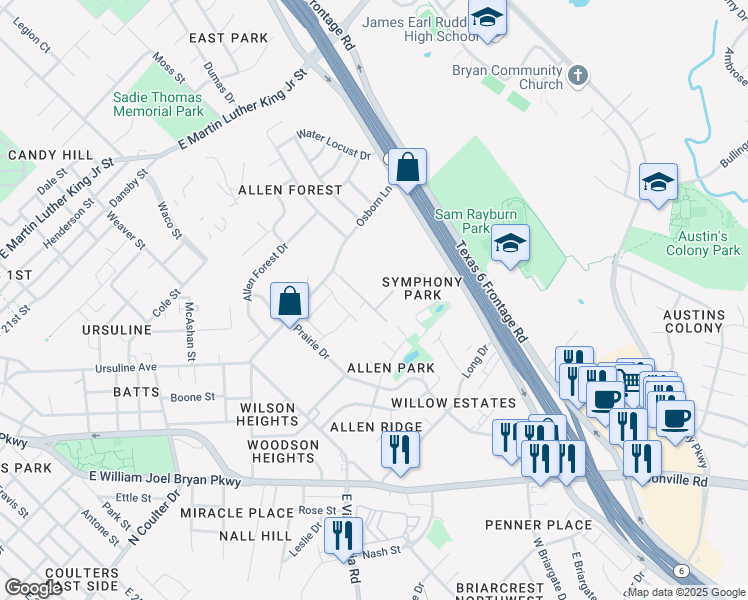map of restaurants, bars, coffee shops, grocery stores, and more near 2728 Osborn Lane in Bryan