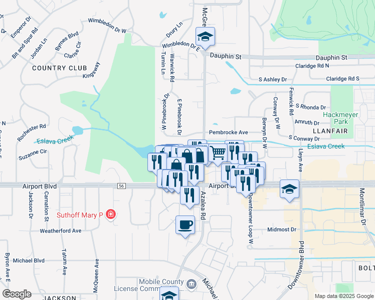 map of restaurants, bars, coffee shops, grocery stores, and more near 3973 Wimbledon Park in Mobile