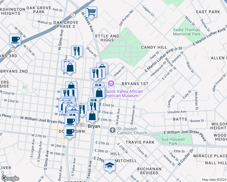 map of restaurants, bars, coffee shops, grocery stores, and more near 508 East 21st Street in Bryan