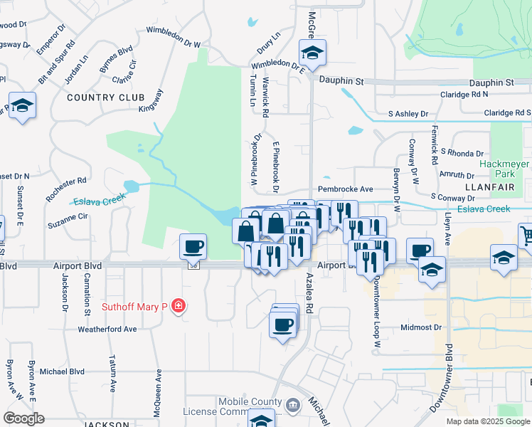 map of restaurants, bars, coffee shops, grocery stores, and more near 3973 Wimbledon Park in Mobile