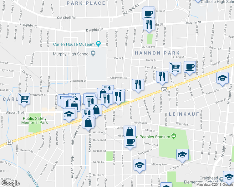 map of restaurants, bars, coffee shops, grocery stores, and more near 208 Kenan Street in Mobile