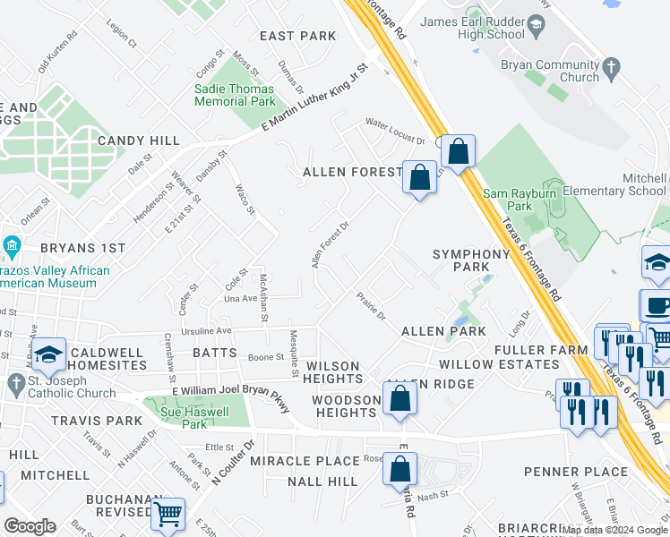 map of restaurants, bars, coffee shops, grocery stores, and more near 1107 Sage Lane in Bryan