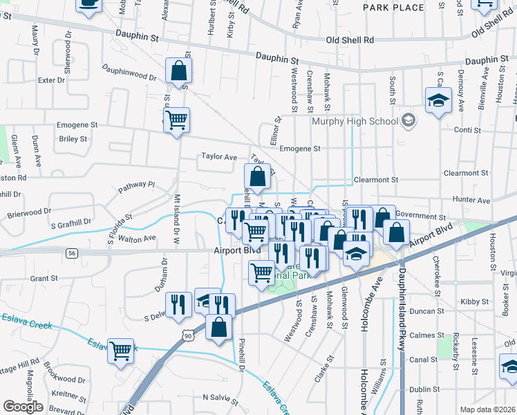 map of restaurants, bars, coffee shops, grocery stores, and more near 216 Morgan Avenue in Mobile