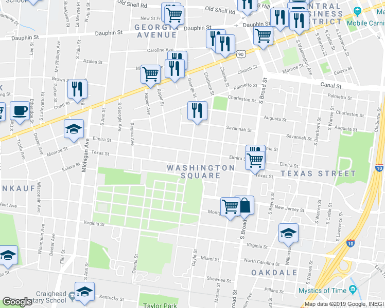 map of restaurants, bars, coffee shops, grocery stores, and more near 461 George Street in Mobile
