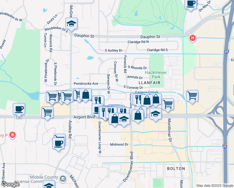 map of restaurants, bars, coffee shops, grocery stores, and more near 3838 Rue Maison North in Mobile