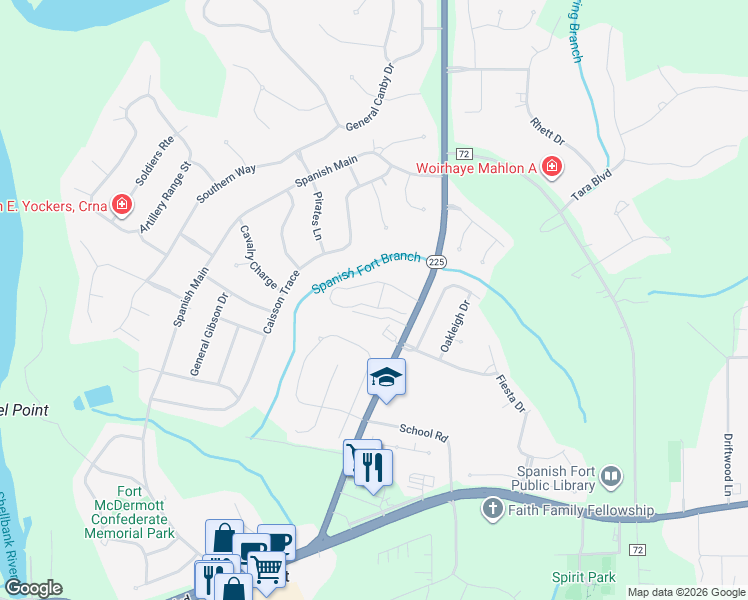 map of restaurants, bars, coffee shops, grocery stores, and more near 31059 Alabama 225 in Spanish Fort