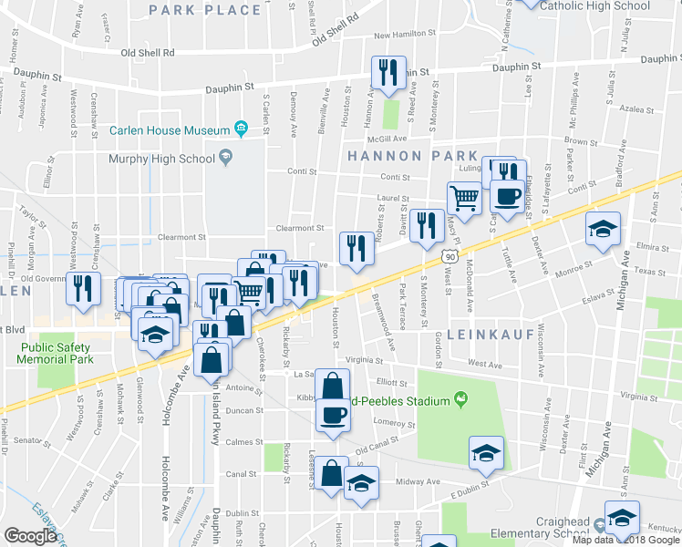 map of restaurants, bars, coffee shops, grocery stores, and more near 203 Houston Street in Mobile