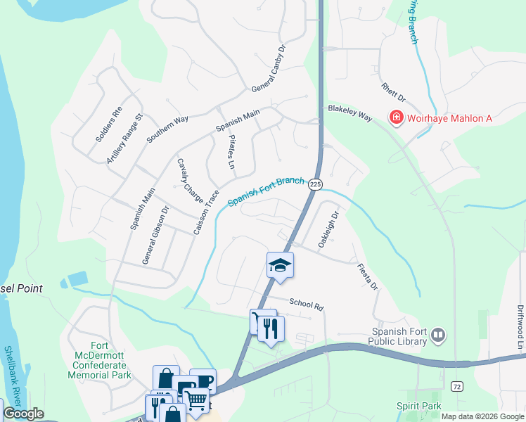 map of restaurants, bars, coffee shops, grocery stores, and more near 31059 Alabama 225 in Spanish Fort