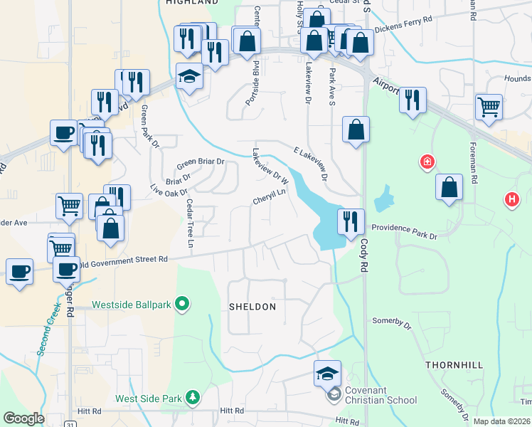 map of restaurants, bars, coffee shops, grocery stores, and more near 540 Becky Lane in Mobile