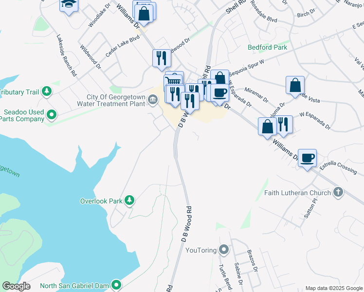 map of restaurants, bars, coffee shops, grocery stores, and more near 3500 D B Wood Road in Georgetown