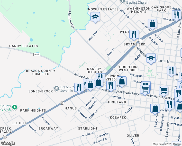 map of restaurants, bars, coffee shops, grocery stores, and more near 220 Neel Street in Bryan