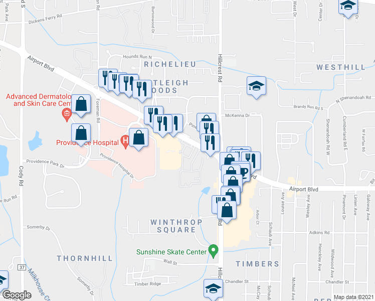 map of restaurants, bars, coffee shops, grocery stores, and more near 6507 Airport Boulevard in Mobile