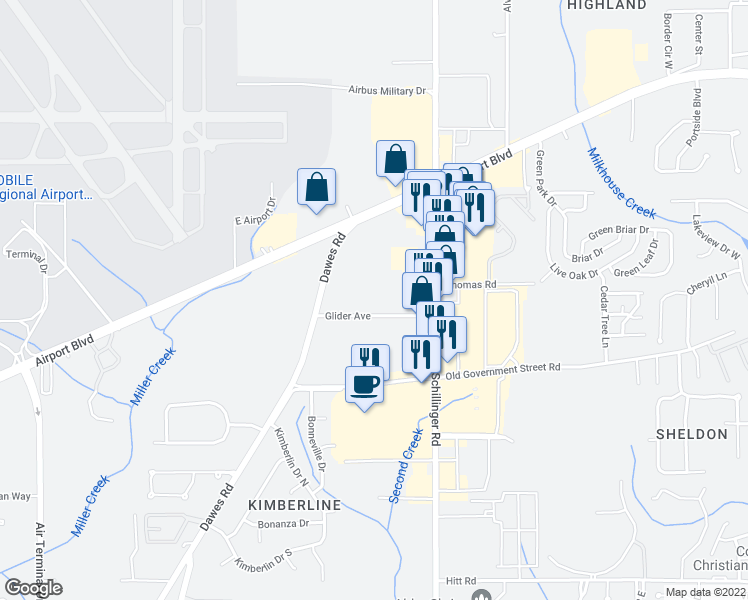 map of restaurants, bars, coffee shops, grocery stores, and more near 7910 Glider Avenue in Mobile