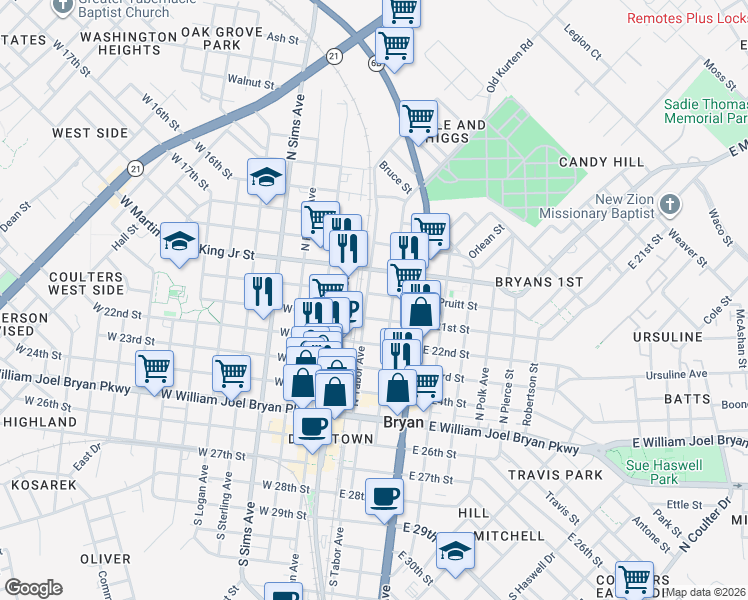 map of restaurants, bars, coffee shops, grocery stores, and more near 609 North Tabor Avenue in Bryan