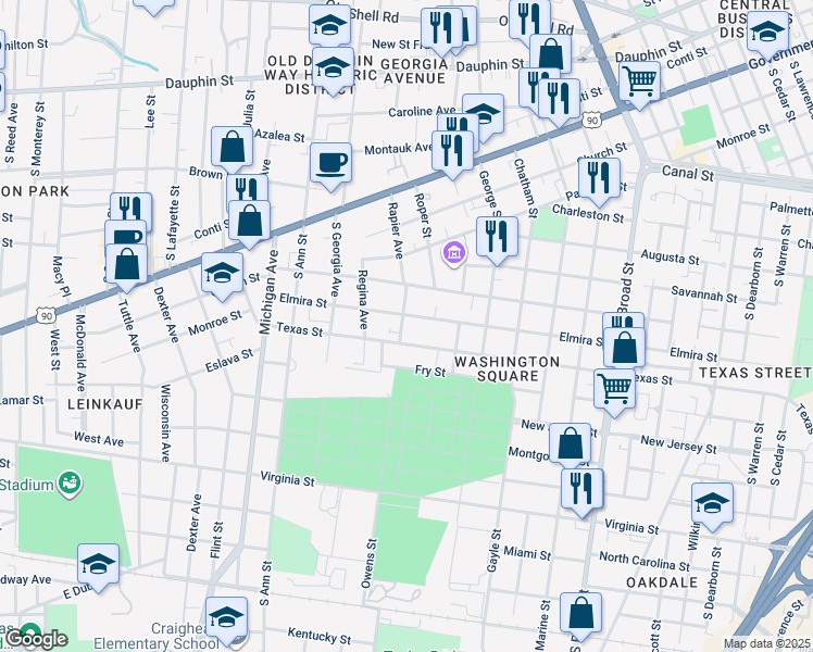 map of restaurants, bars, coffee shops, grocery stores, and more near 1172 Elmira Street in Mobile