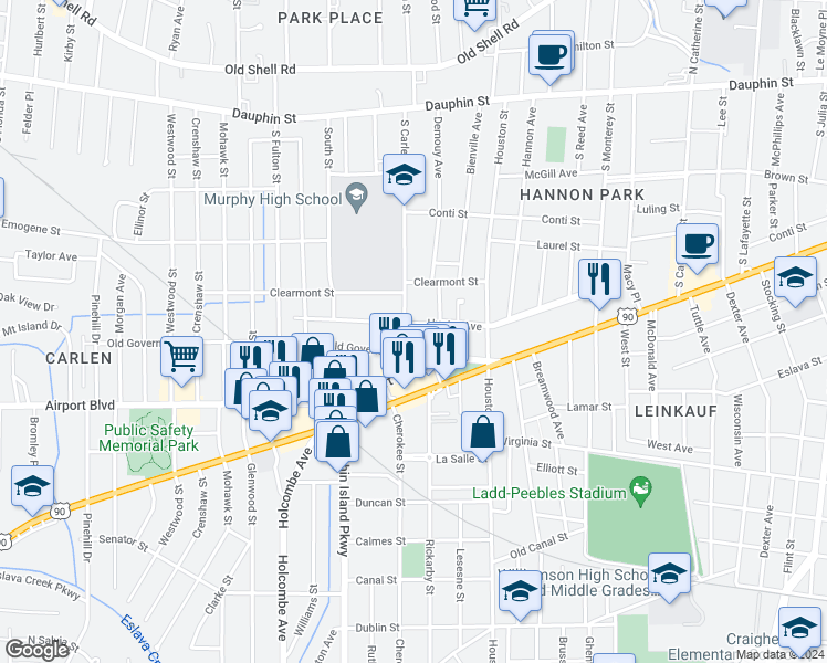 map of restaurants, bars, coffee shops, grocery stores, and more near 185 South Carlen Street in Mobile