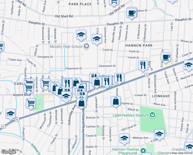 map of restaurants, bars, coffee shops, grocery stores, and more near 185 South Carlen Street in Mobile