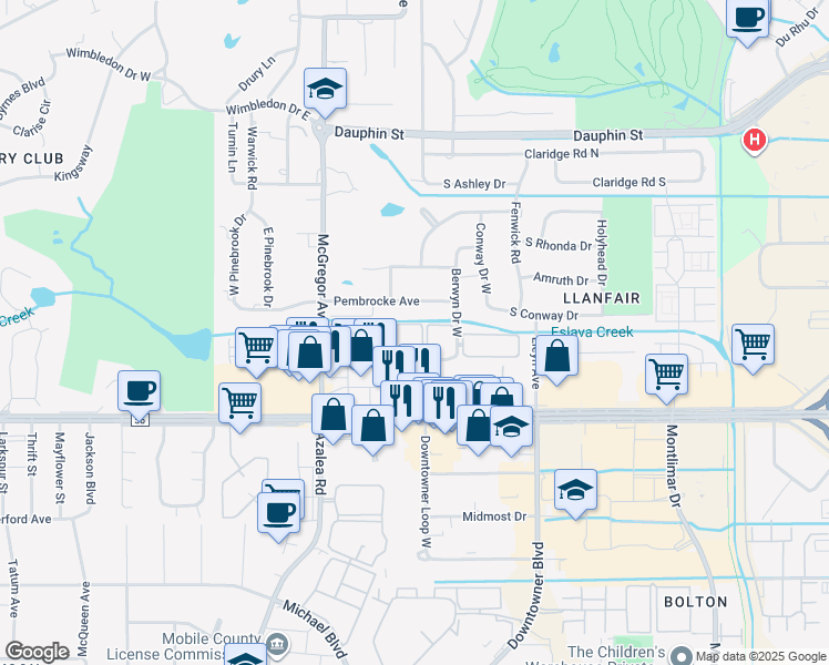 map of restaurants, bars, coffee shops, grocery stores, and more near 3909 Pembrocke Avenue in Mobile
