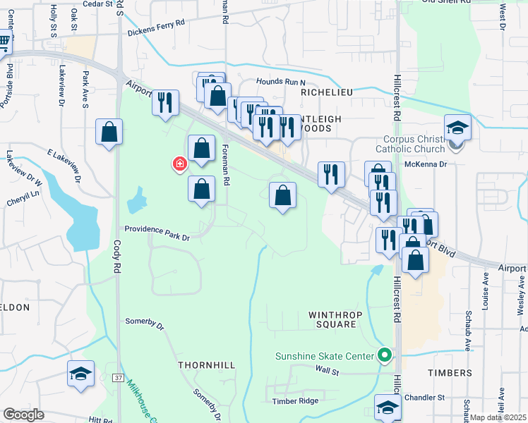 map of restaurants, bars, coffee shops, grocery stores, and more near 6801 Airport Boulevard in Mobile