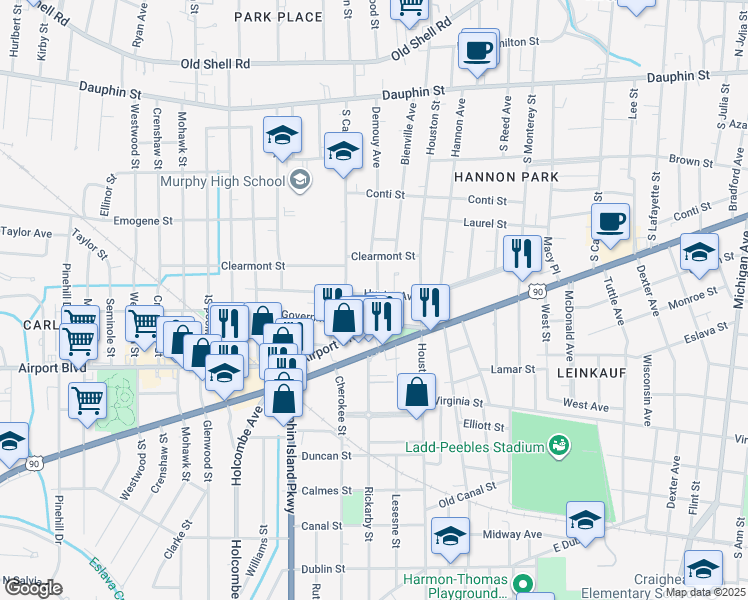 map of restaurants, bars, coffee shops, grocery stores, and more near in Mobile