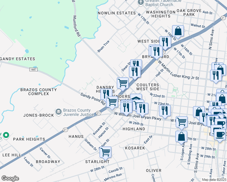 map of restaurants, bars, coffee shops, grocery stores, and more near 307 Monterrey Street in Bryan