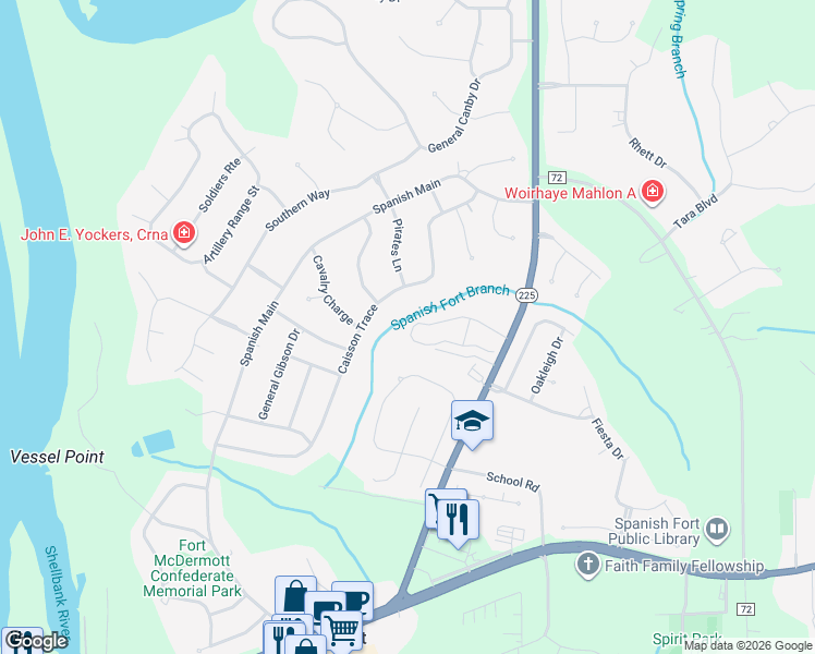 map of restaurants, bars, coffee shops, grocery stores, and more near 74 Caisson Trace Street in Spanish Fort