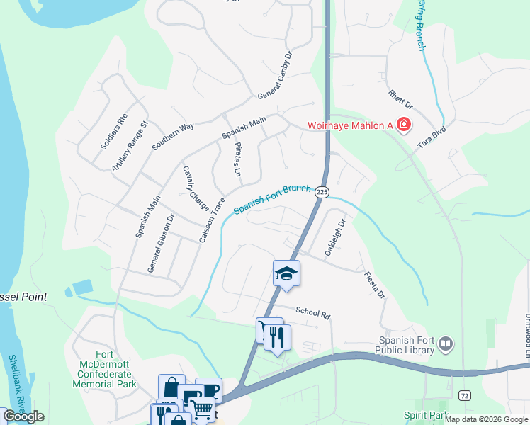 map of restaurants, bars, coffee shops, grocery stores, and more near 31155 Alabama 225 in Spanish Fort