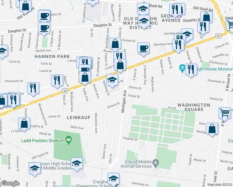 map of restaurants, bars, coffee shops, grocery stores, and more near 1407 Monroe Street in Mobile