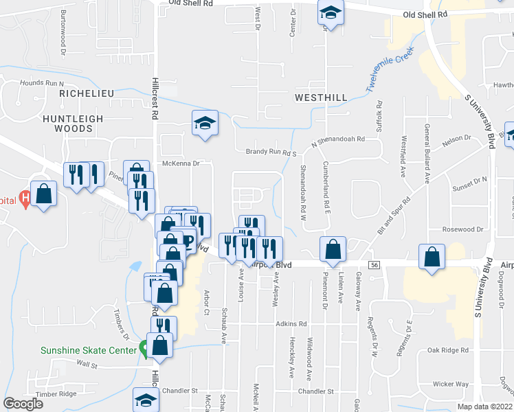 map of restaurants, bars, coffee shops, grocery stores, and more near 6067 Highland Circle South in Mobile